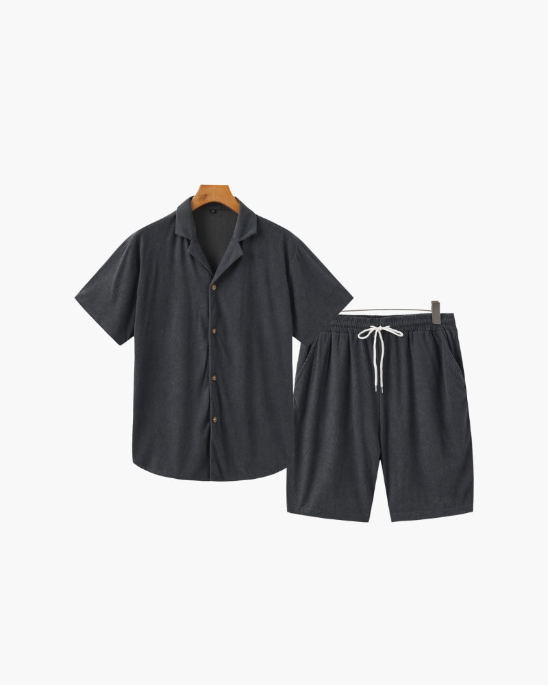 Variant image for Men's Corduroy Set Green Soft Fabric Relaxed Fit Button-Up Shirt and Drawstring Shorts-11