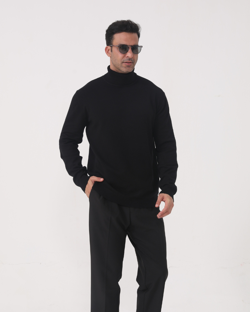 Men's Turtleneck Sweater Black Merino Wool Sophisticated Fit Tailored Design-2