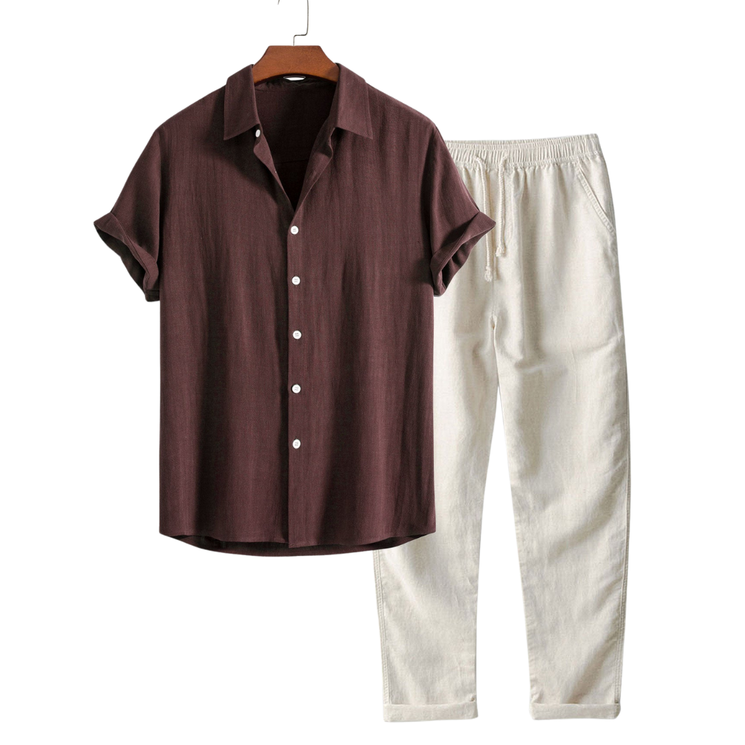 Women's Loungewear Set Beige Cotton-Linen Blend Short-Sleeved Pajama Set Comfortable Casual Wear-1