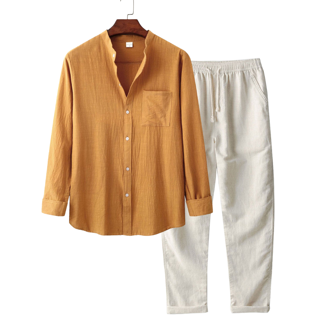 Women's Loungewear Set Beige Polyester Linen Blend Long-Sleeved Pajama Set Comfortable Elegant-1