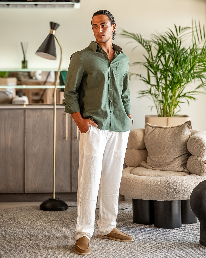 Men's Long Sleeve T-Shirt Beige Linen Relaxed Fit Casual Wear Lightweight Breathable-2