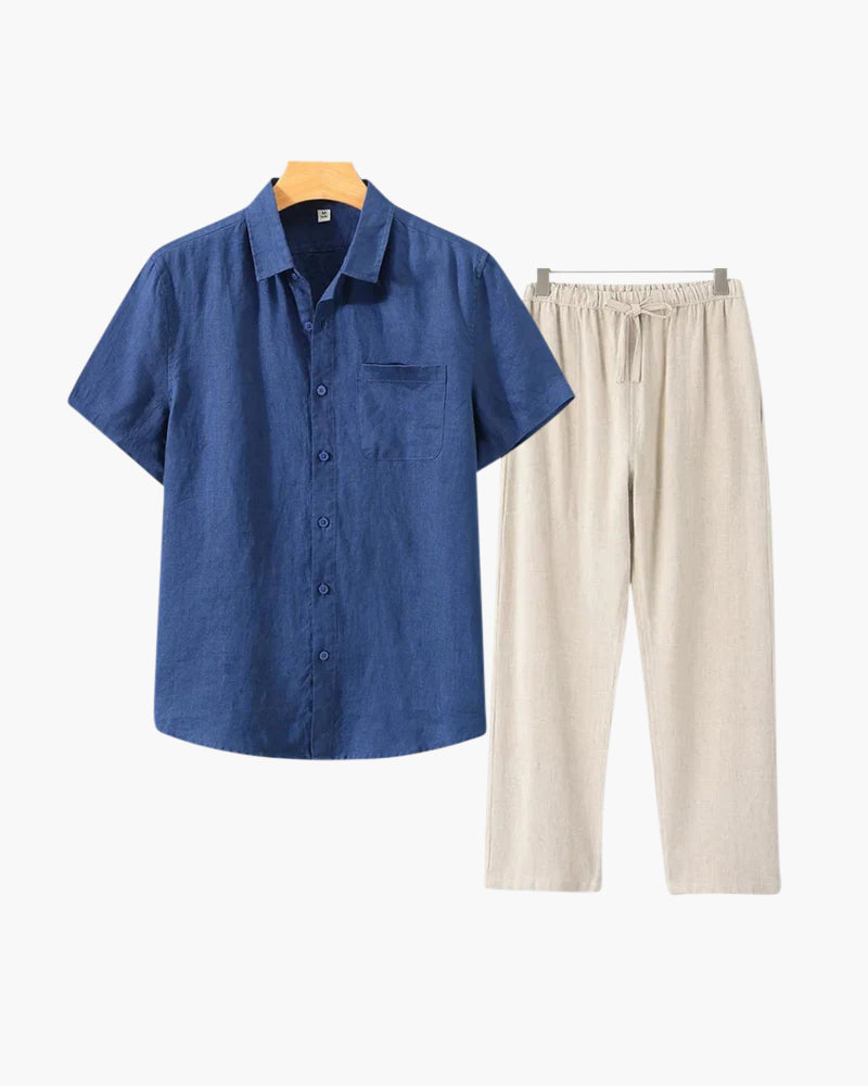 Men's Linen T-Shirt Light Blue Casual Short Sleeve Relaxed Fit Breathable-2