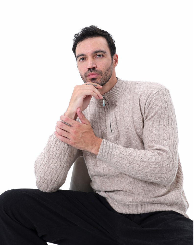 Men's Cashmere Cardigan Beige Half Zip Soft Knit Premium Quality Ribbed Cuffs-3