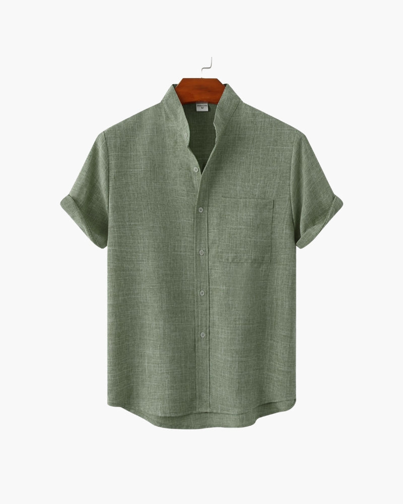 Variant image for Men's Short Sleeve Shirt White Cotton Blend Mandarin Collar Lightweight Casual with Rolled Cuffs-1