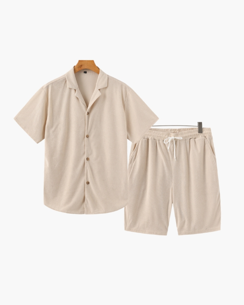 Men's Corduroy Set Green Soft Fabric Relaxed Fit Button-Up Shirt and Drawstring Shorts-1